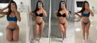 Four-panel collage of a woman taking mirror selfies in a bright white room; she wears a blue bikini in the first and last frames and a black bikini in the middle frames.