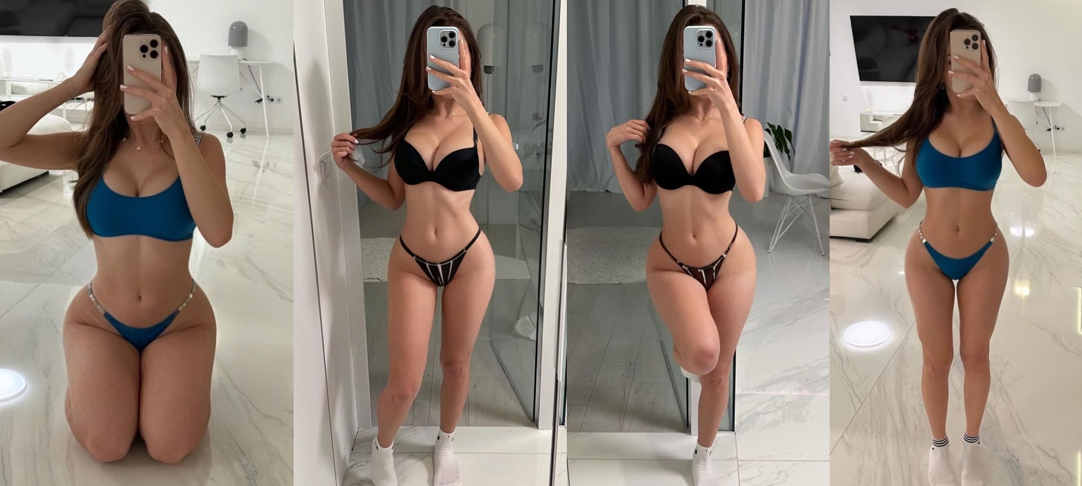 Four-panel collage of a woman taking mirror selfies in a bright white room; she wears a blue bikini in the first and last frames and a black bikini in the middle frames.